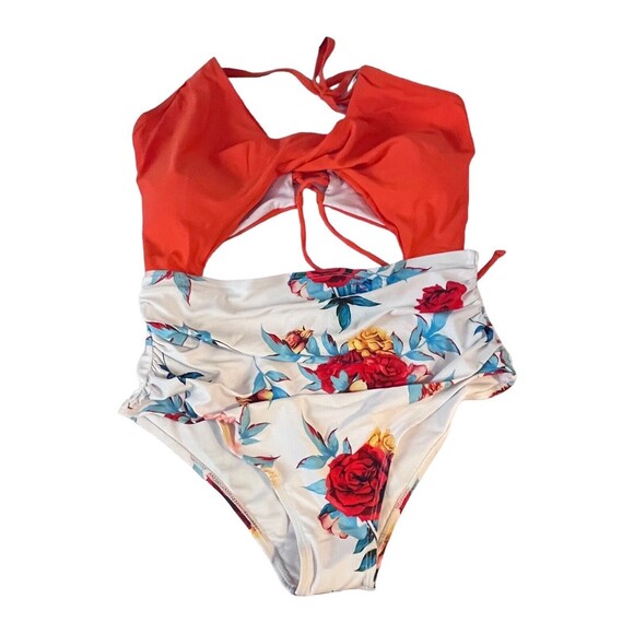 Beachsissi Floral Print Twist Cutout Halter One Piece Swimsuit Bathing Suit XL - Picture 1 of 10